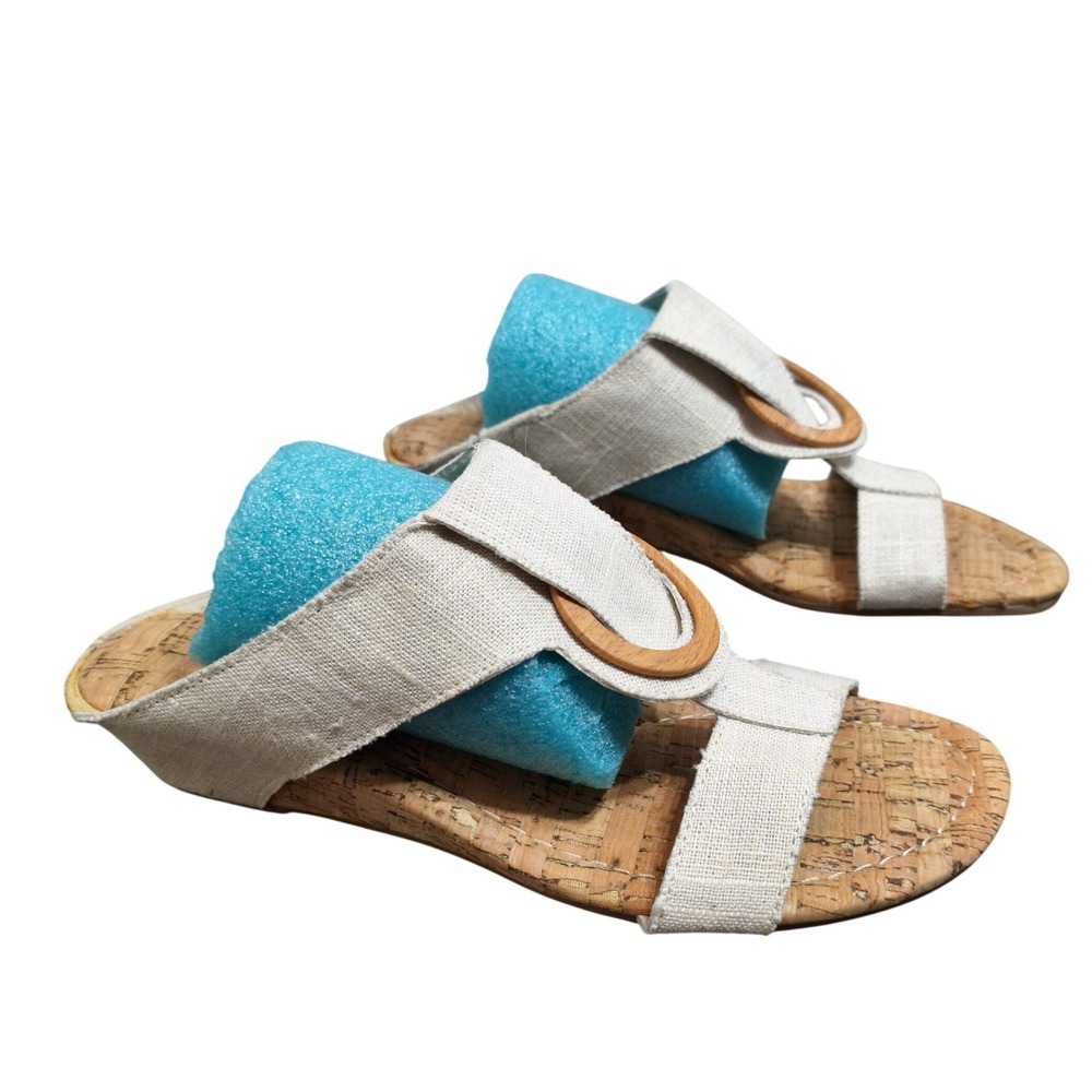 Vintage 7 Eight St Barts Women's 6.5M Cream Fabric Cork Wedge Slide Sandals V78